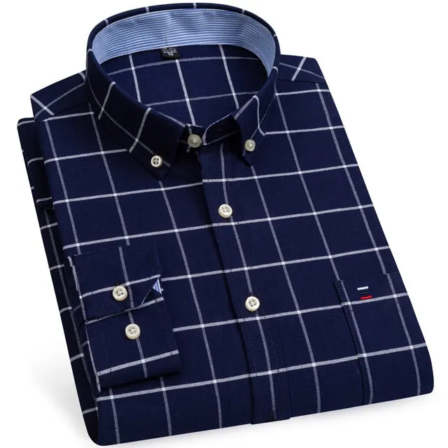 Men's 100% Cotton Long Sleeve Plaid Checkered Shirts Single Patch Pocket Standard-fit Button-down Striped Casual Oxford Shirt
