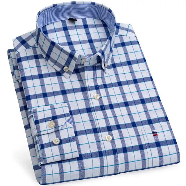 Men's 100% Cotton Long Sleeve Plaid Checkered Shirts Single Patch Pocket Standard-fit Button-down Striped Casual Oxford Shirt