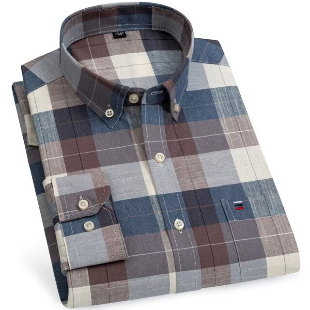Men's 100% Cotton Long Sleeve Plaid Checkered Shirts Single Patch Pocket Standard-fit Button-down Striped Casual Oxford Shirt