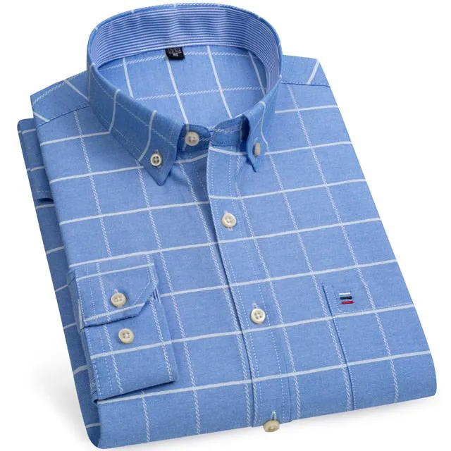 Men's 100% Cotton Long Sleeve Plaid Checkered Shirts Single Patch Pocket Standard-fit Button-down Striped Casual Oxford Shirt