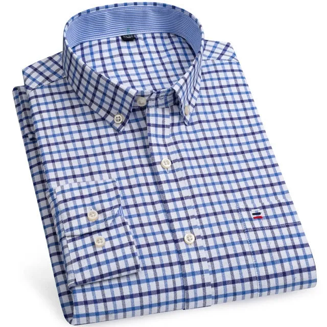 Men's 100% Cotton Long Sleeve Plaid Checkered Shirts Single Patch Pocket Standard-fit Button-down Striped Casual Oxford Shirt