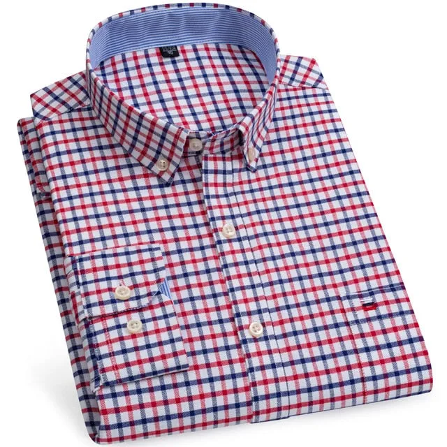 Men's 100% Cotton Long Sleeve Plaid Checkered Shirts Single Patch Pocket Standard-fit Button-down Striped Casual Oxford Shirt