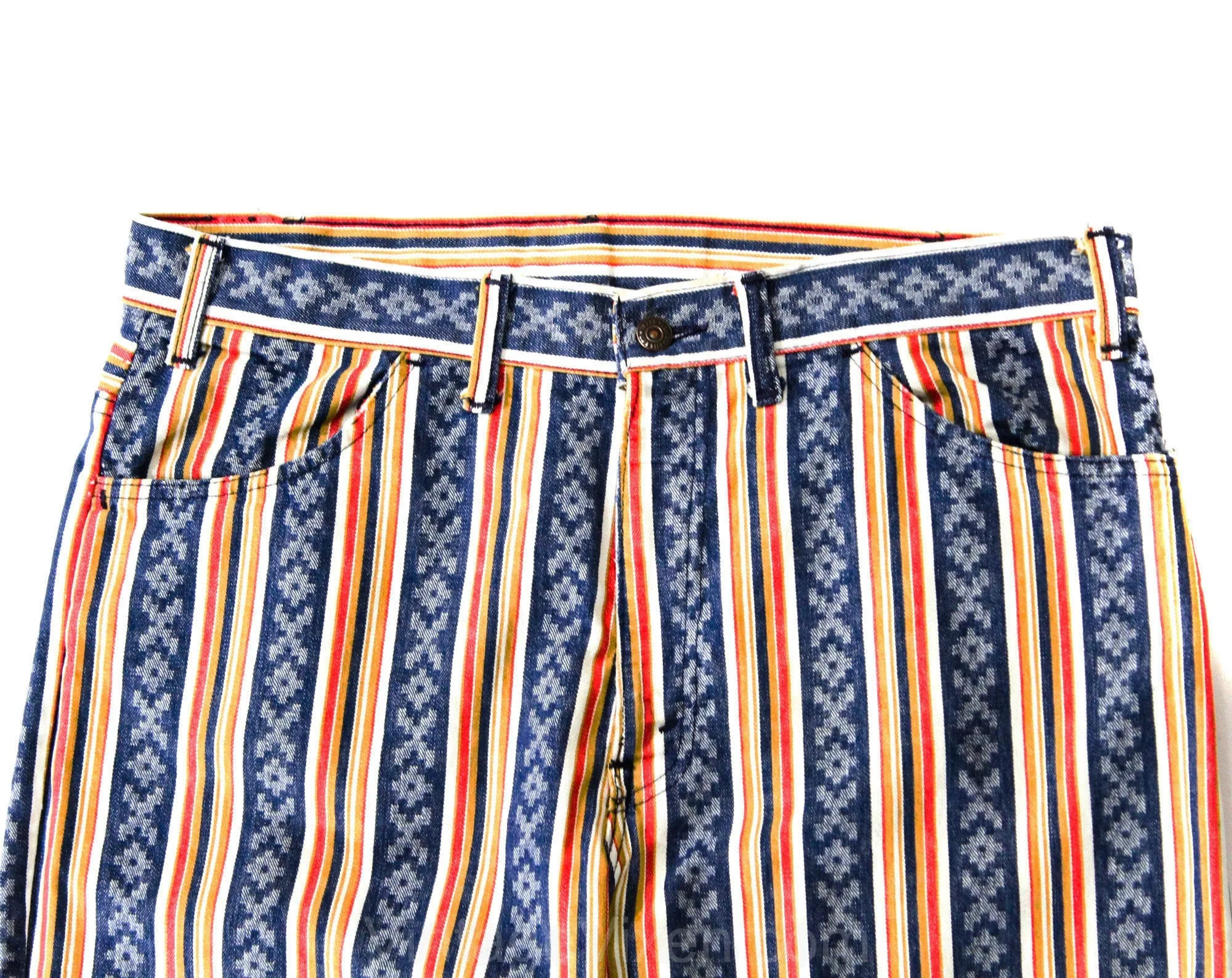 Men's Big E Levi's Jeans - Medium Large 1960s 70s Striped Cotton Pants - Denim Blue Red Tan White Southwest Summer - Waist 35.5 Inseam 30.75