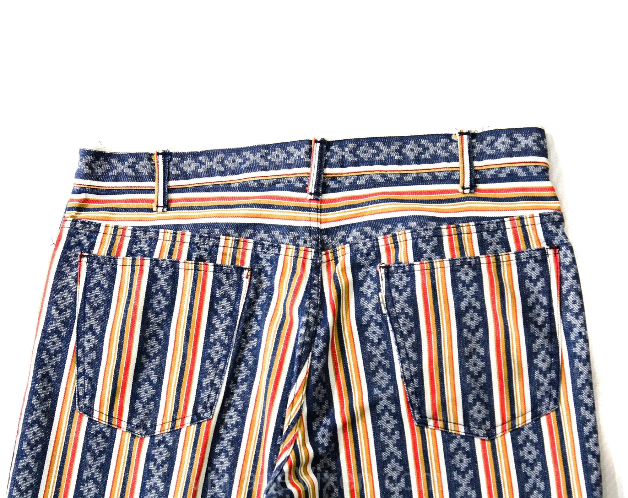 Men's Big E Levi's Jeans - Medium Large 1960s 70s Striped Cotton Pants - Denim Blue Red Tan White Southwest Summer - Waist 35.5 Inseam 30.75