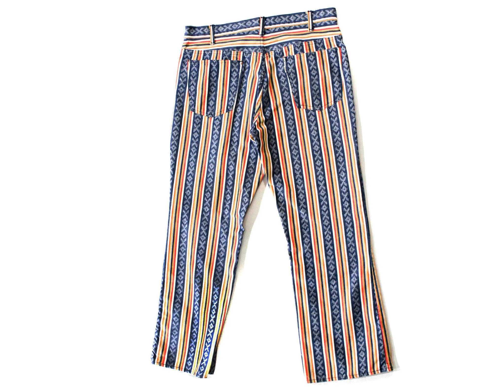 Men's Big E Levi's Jeans - Medium Large 1960s 70s Striped Cotton Pants - Denim Blue Red Tan White Southwest Summer - Waist 35.5 Inseam 30.75