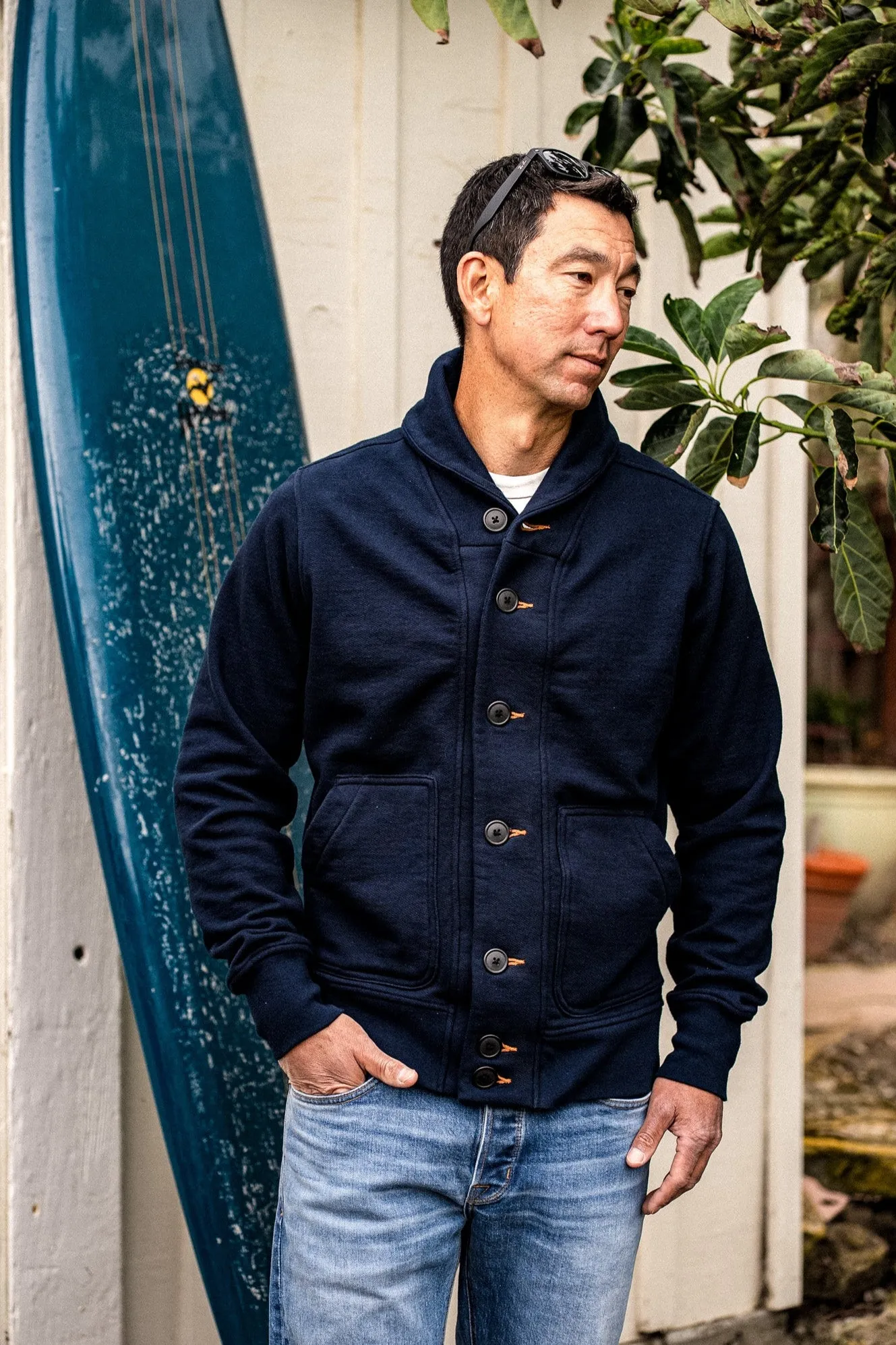Men's Bodega Shawl Cardigan | 14oz 100% Cotton French Terry - Navy