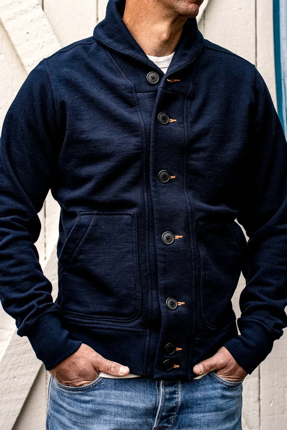 Men's Bodega Shawl Cardigan | 14oz 100% Cotton French Terry - Navy