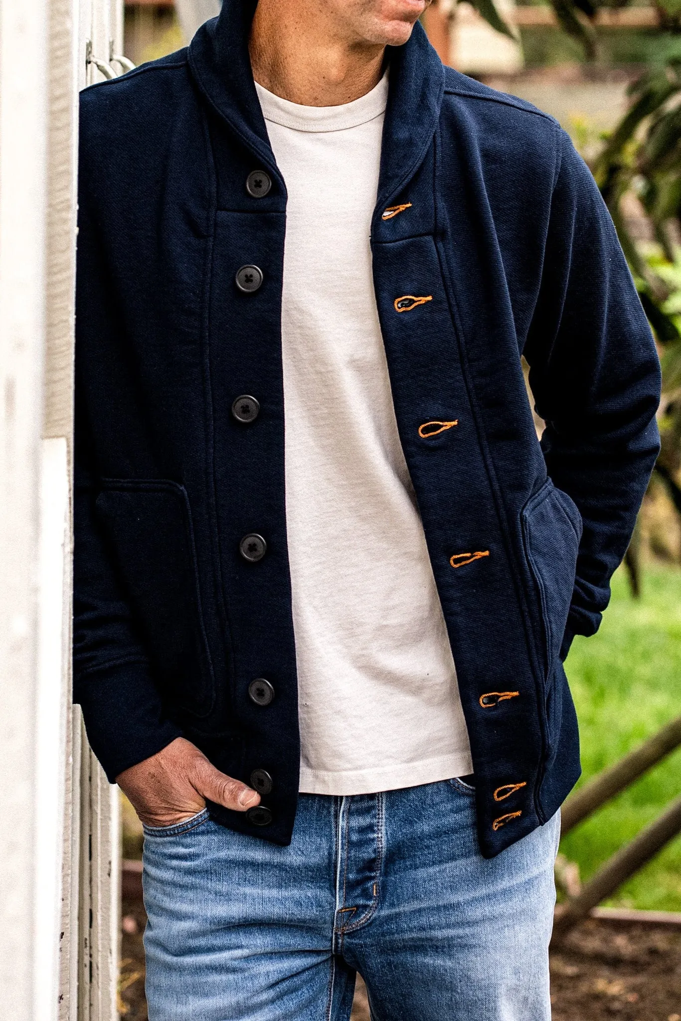Men's Bodega Shawl Cardigan | 14oz 100% Cotton French Terry - Navy