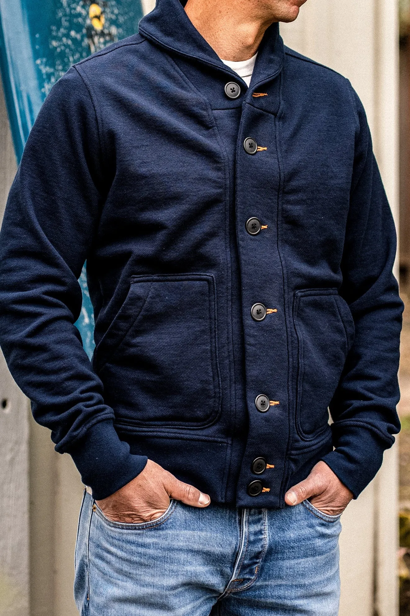 Men's Bodega Shawl Cardigan | 14oz 100% Cotton French Terry - Navy