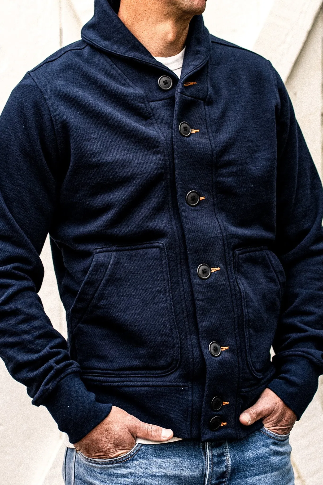 Men's Bodega Shawl Cardigan | 14oz 100% Cotton French Terry - Navy