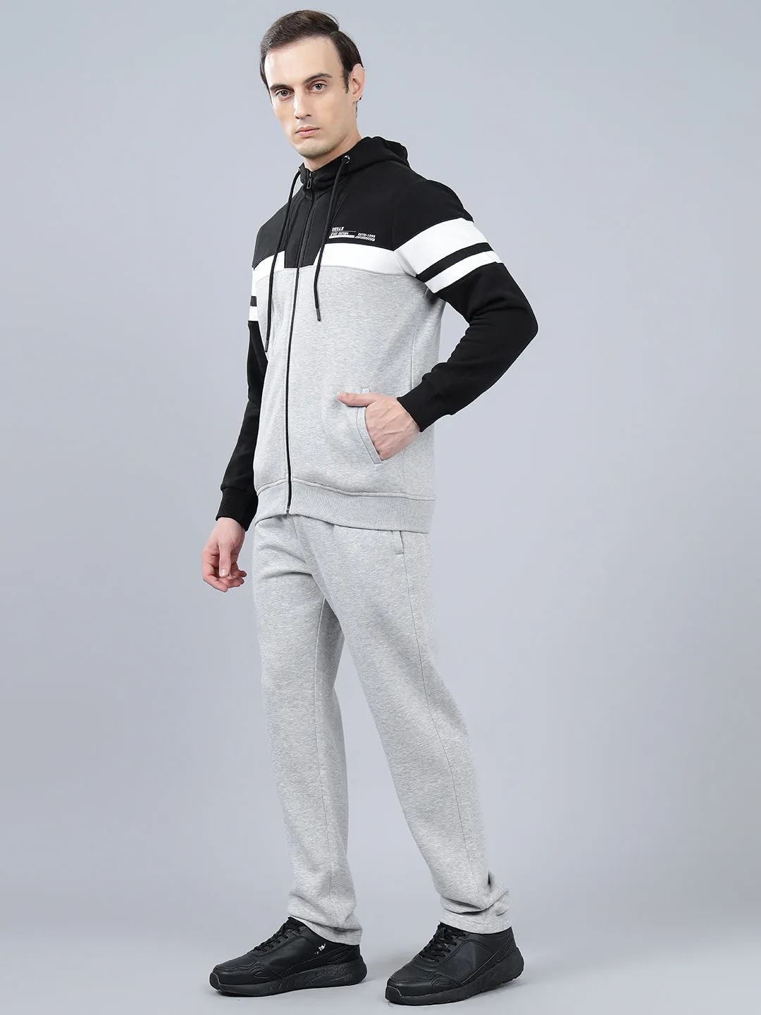 Men's Grey Color Block Winter Track Suit