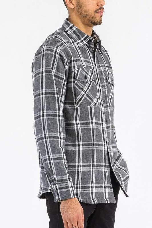 Mens Grey White Plaid Quilted Padded Flannel