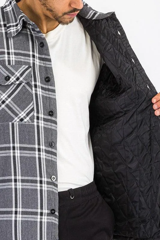 Mens Grey White Plaid Quilted Padded Flannel