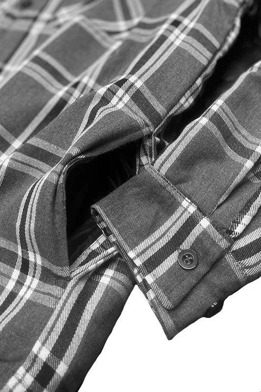 Mens Grey White Plaid Quilted Padded Flannel
