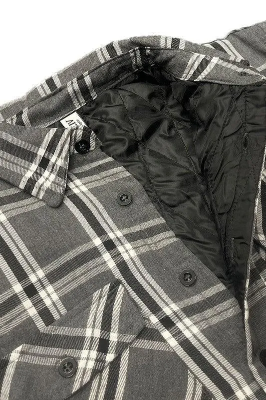 Mens Grey White Plaid Quilted Padded Flannel