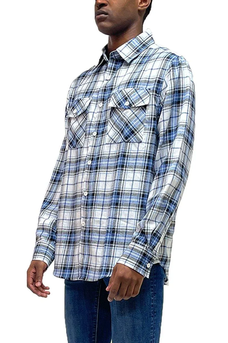 Mens Light Blue Plaid Flannel Long Sleeve Shirt