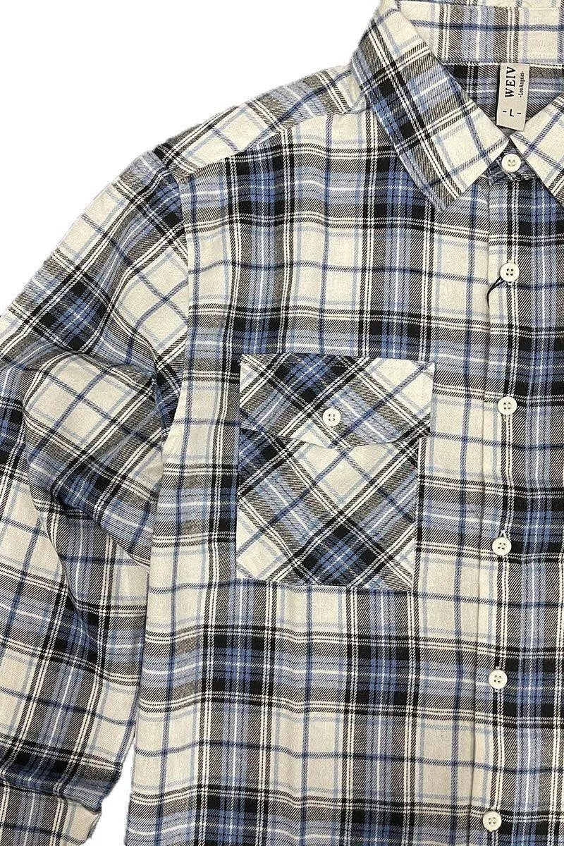 Mens Light Blue Plaid Flannel Long Sleeve Shirt