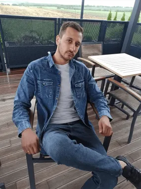 Men's Long-Sleeve Distressed Denim Shirt