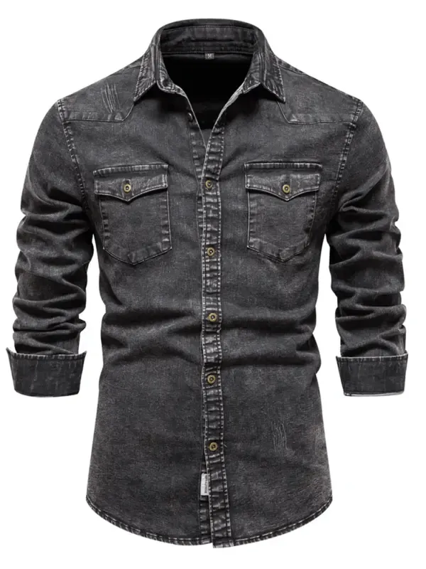 Men's Long-Sleeve Distressed Denim Shirt