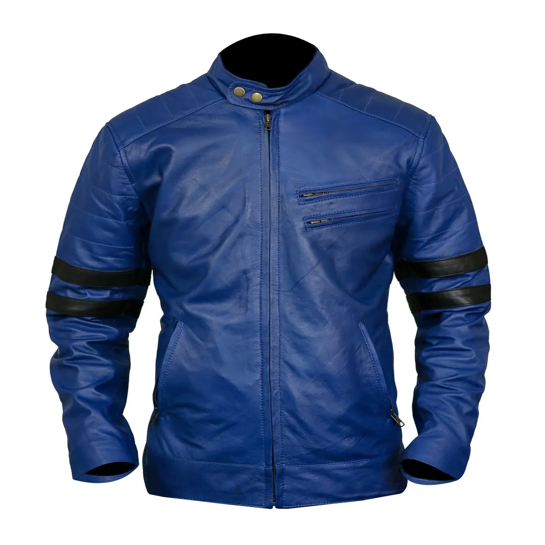 Men's Racing Biker Blue Leather Jacket Black Stripes