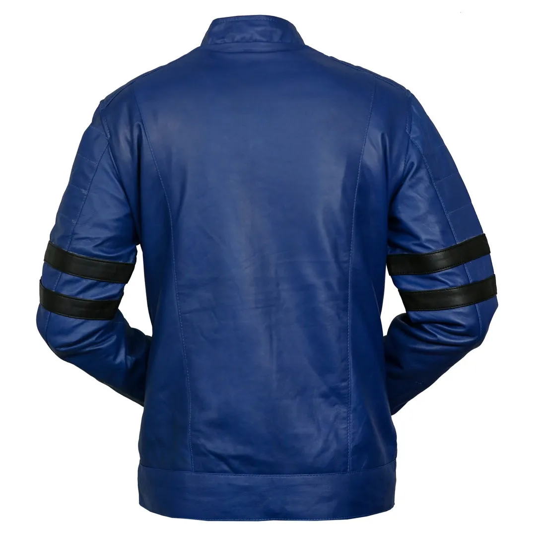 Men's Racing Biker Blue Leather Jacket Black Stripes