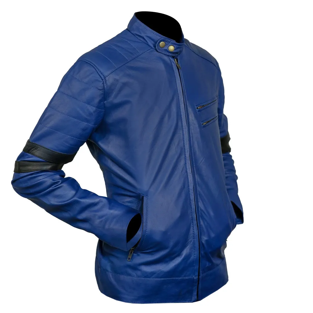 Men's Racing Biker Blue Leather Jacket Black Stripes