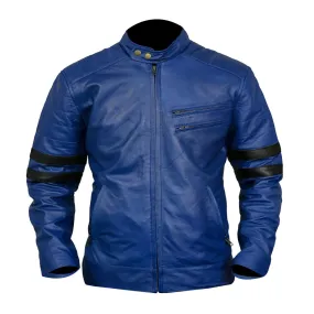 Men's Racing Biker Blue Leather Jacket Black Stripes