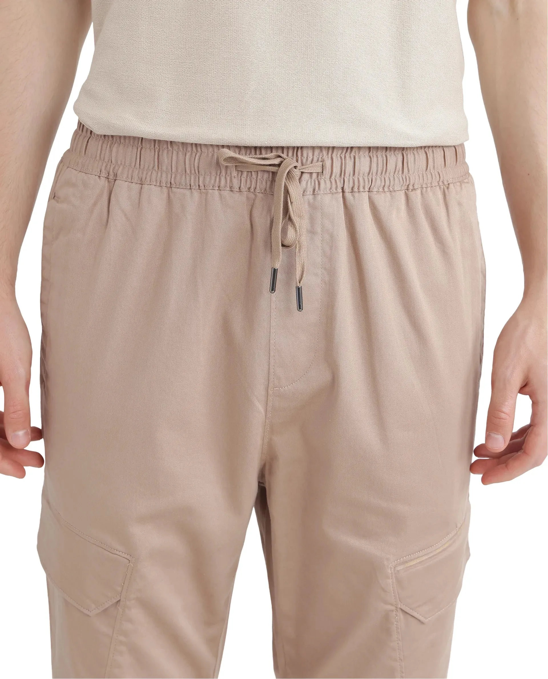 Rare Rabbit Men's Zudi Light Brown Cotton Fabric Drawstring Closure Regular Fit Cargo Style Trouser