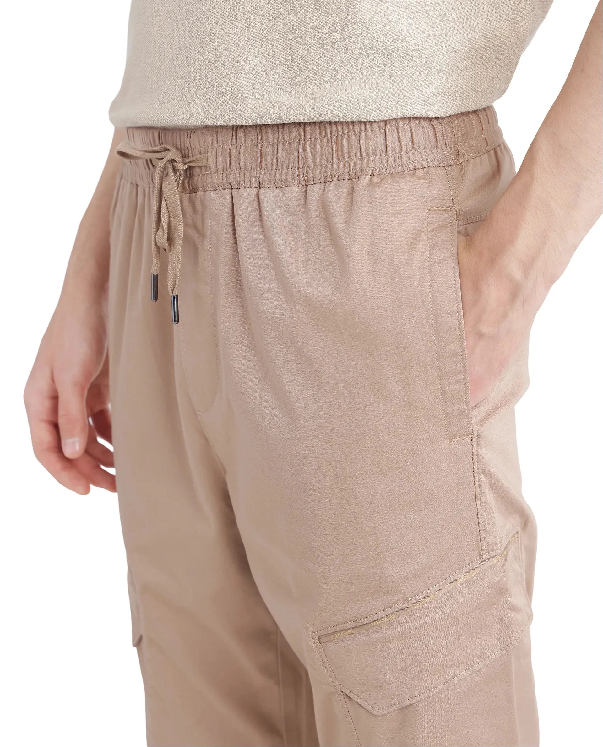 Rare Rabbit Men's Zudi Light Brown Cotton Fabric Drawstring Closure Regular Fit Cargo Style Trouser