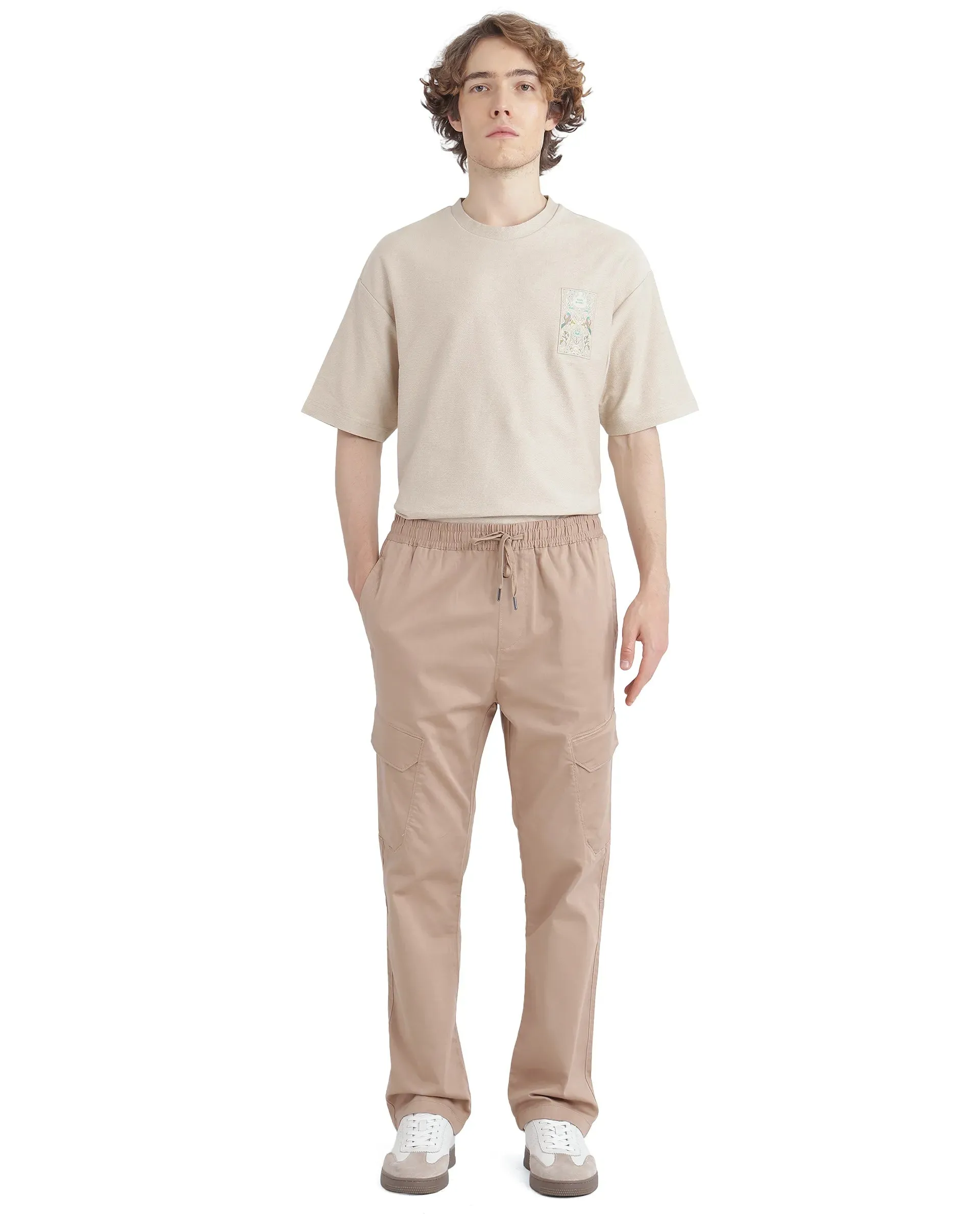 Rare Rabbit Men's Zudi Light Brown Cotton Fabric Drawstring Closure Regular Fit Cargo Style Trouser