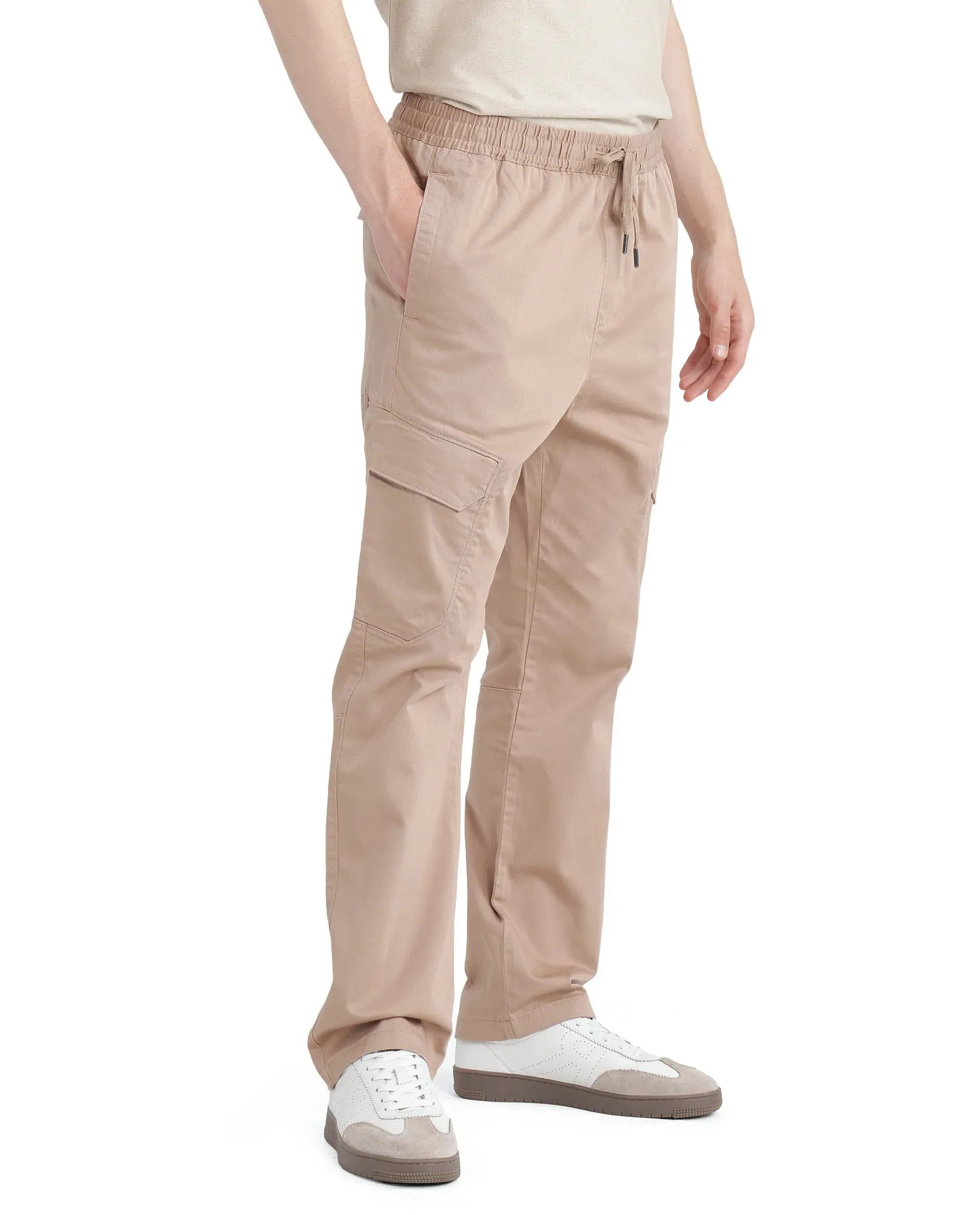 Rare Rabbit Men's Zudi Light Brown Cotton Fabric Drawstring Closure Regular Fit Cargo Style Trouser