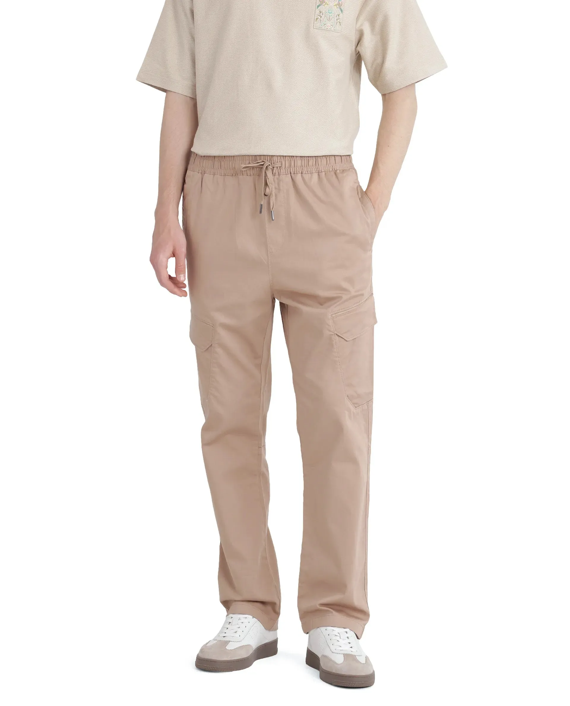 Rare Rabbit Men's Zudi Light Brown Cotton Fabric Drawstring Closure Regular Fit Cargo Style Trouser