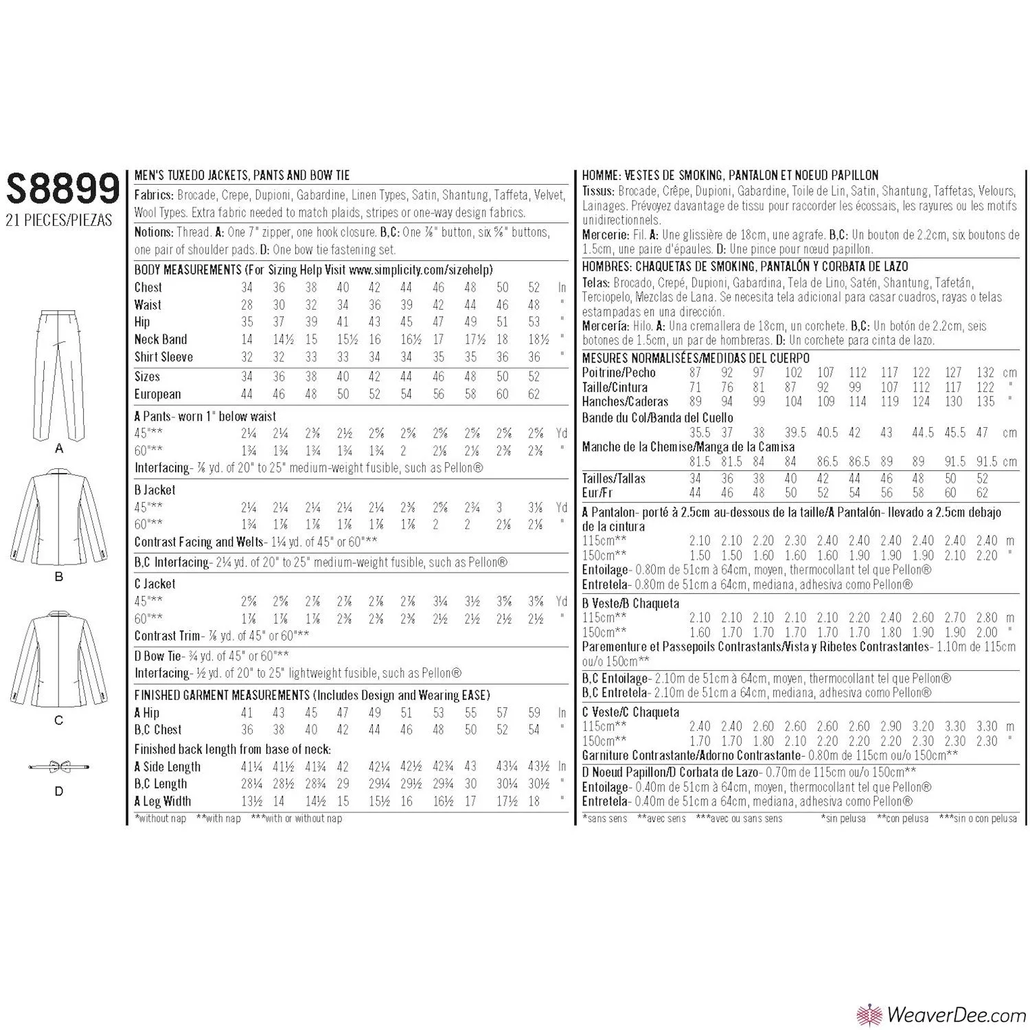 Simplicity Pattern S8899 Men's Tuxedo Jackets, Pants & Bow Tie