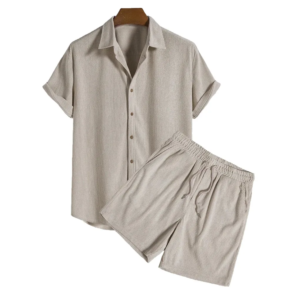 Wiaofellas   -  New Men's Short Sets 2 Piece Outfits Short Sleeved Corduroy Button Up Shirt and Shorts Fashion Summer Tracksuits Casual Set